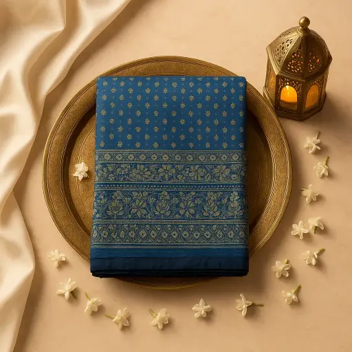 [87312001DI58F3] Elegant Blue Ajrakh Printed Silk Saree with Zari Border