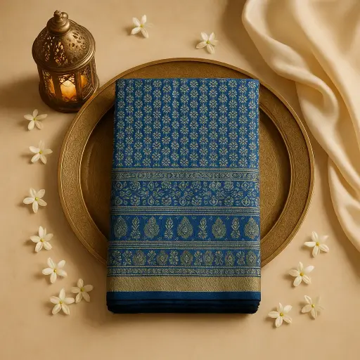 [87312001DI59F3] Elegant Blue Ajrakh Printed Designer Saree with Traditional Borders
