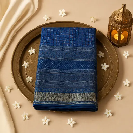 [87312001DI60F3] Elegant Indigo Ajrakh Print Designer Saree with Zari Border