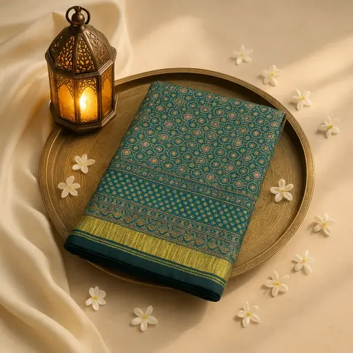 [87312001DI62F3] Elegant Dark Green Ajrakh Mirror Work Designer Saree