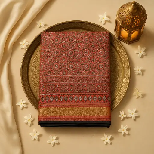 [87312001DI69F3] Elegant Ajrakh Print Saree with Intricate Mirror Work Detailing