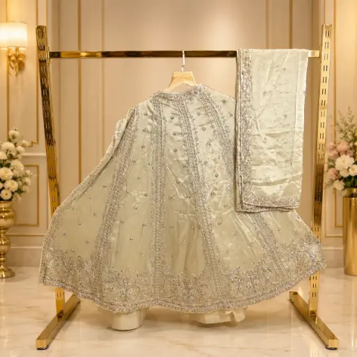 [93718001DF10F3] Women’s Ivory Gold Embroidered Lehenga Choli with Dupatta, Sequin Floral Work, Designer Border