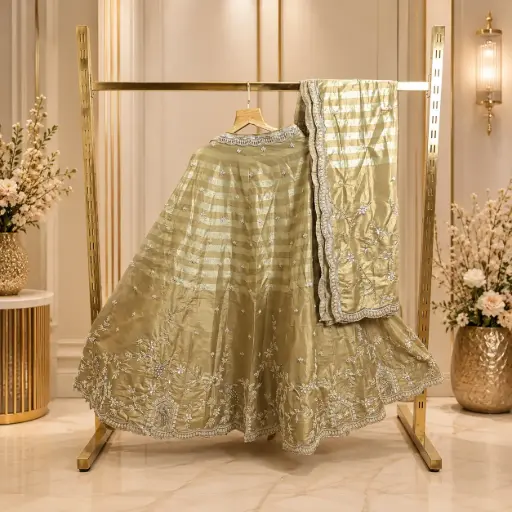 [93718001DF15F3] Women's Antique Gold Embroidered Lehenga Choli with Dupatta