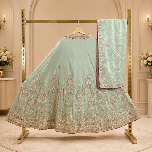 [93718001DF27F3] Women’s Mint Green Embroidered Lehenga Choli with Dupatta, Heavy Sequin n Zari Work, Designer Border