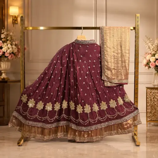 [93718001DF21F3] Women’s Wine Maroon Embroidered Lehenga Choli with Gold Dupatta, Sequin Floral Work