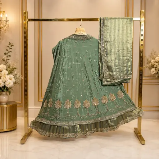 [93718001DF22F3] Women's Sage Green Embroidered Lehenga Choli with Dupatta, Sequin n Zari Style Border