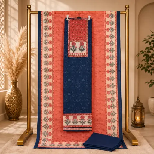 [09406001ES34F1] Women’s Coral Pink n Navy Floral Printed Unstitched Dress Material Set with Coordinated Dupatta