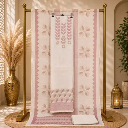 [09406001ES36F1] Dusty Rose Embroidered Linen Blend Unstitched Suit Material 
