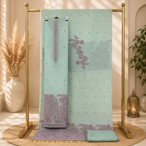 [09406001ES40F1] Mint Green Embroidered Linen Unstitched Salwar Suit Material