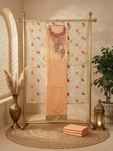 [53206001OV0658] Peach Hand Embroidered Unstitched Silk Suit Material with Embroidered Dupatta 