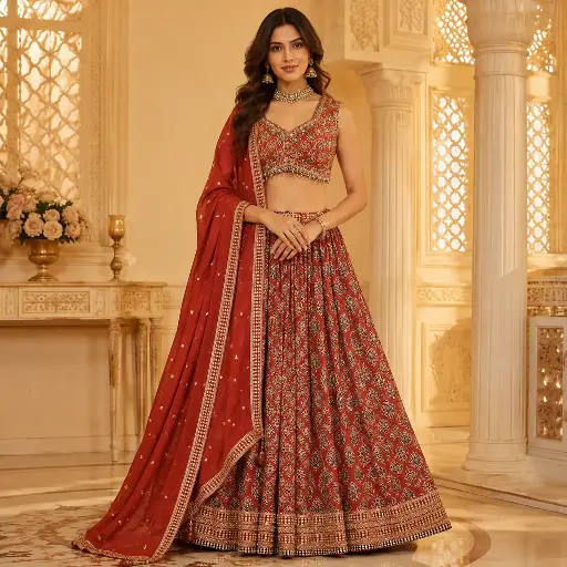 [93442005EK98F3] Women's Rust Red Printed Lehenga Choli with Embroidered Blouse and Matching Dupatta