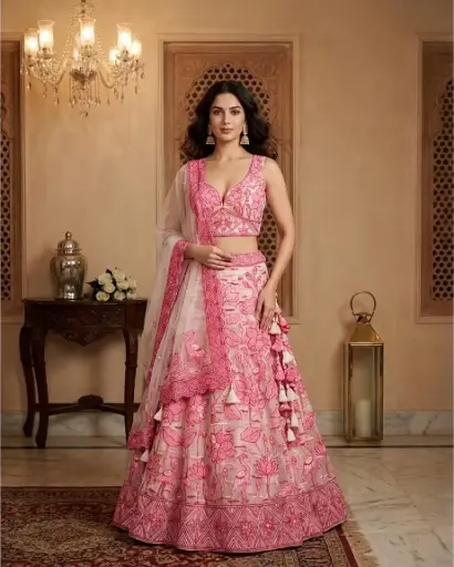[91418001FO71E0] Blush Pink Embroidered Crane and Lotus Lehenga Choli Set