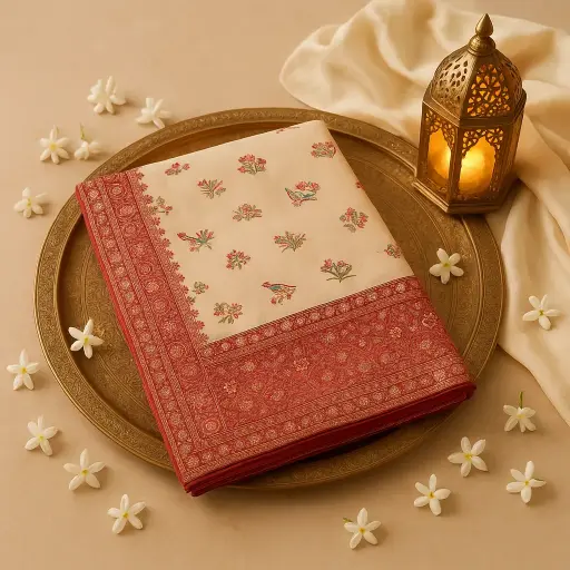 [92010001DH45F4] Elegant Peach Silk Saree With Intricate Multi-Colored Floral Embroidery