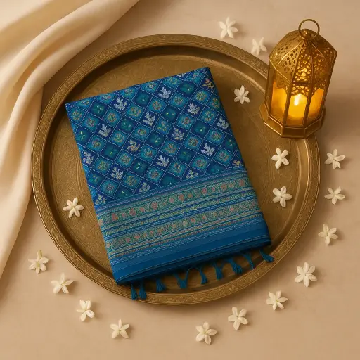 [92010001DH52F4] Elegant Royal Blue Patola Saree with Intricate Zari Border