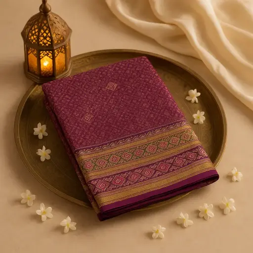 [92010001DH57F4] Royal Purple Patola Silk Saree with Traditional Kasab Border