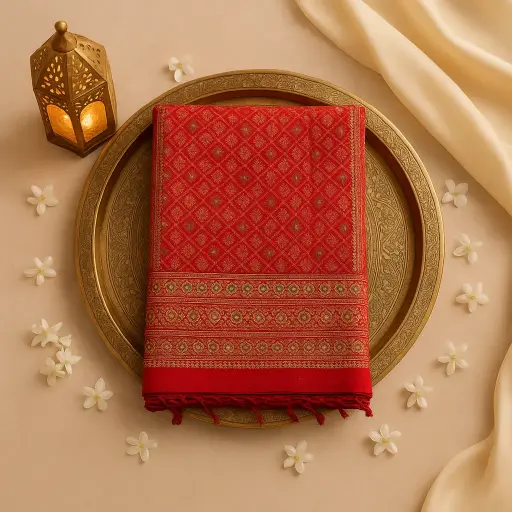 [92010001DH65F4] Red Designer Silk Saree with Traditional Mirror and Beadwork