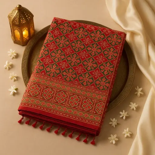 [92010001DH67F4] Exquisite Red Patola Print Saree with Intricate Moti Embellishments