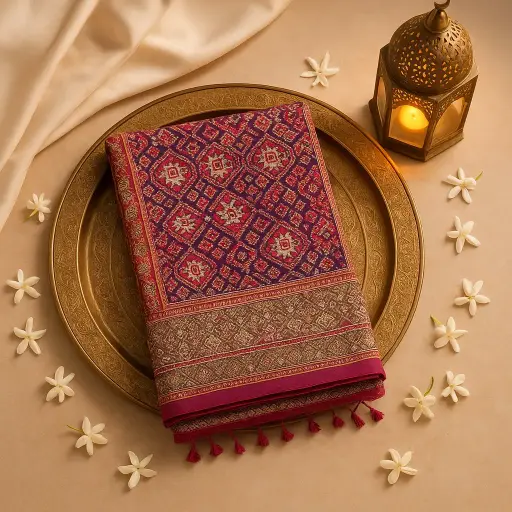 [92010001DH68F4] Elegant Royal Purple Patola Silk Saree With Zari Border