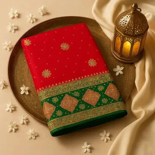 [92010001DH71F4] Exquisite Red and Green Designer Silk Saree with Zari