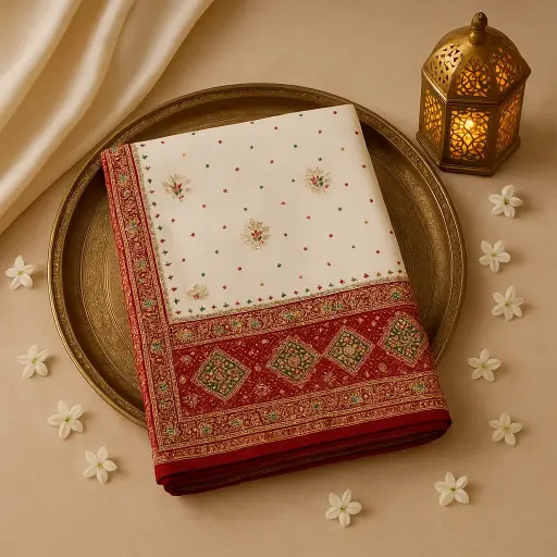 [92010001DH72F4] Elegant Embroidered Off-White Saree with Rich Red Border
