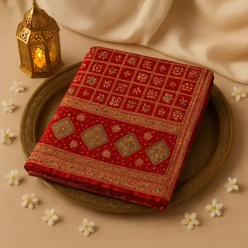 [92010001DH73F4] Red Embroidered Silk Chex Design Designer Saree