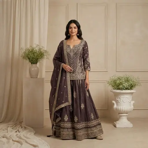 [2608090103] Deep Plum Tissue Silk Sharara Set with Antique Zari Work 