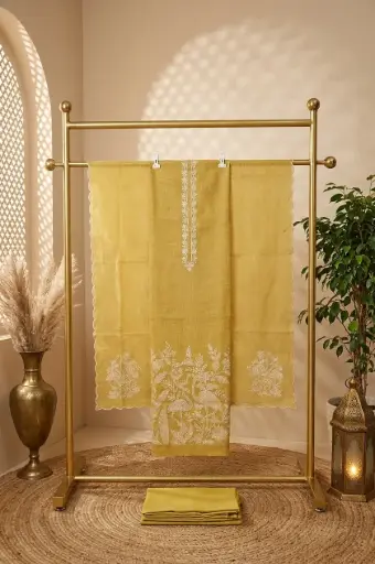 [2608150103] Mustard Yellow Handloom Silk Unstitched Salwar Suit Material