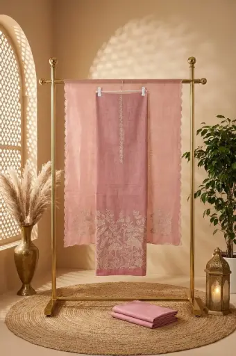 [2608150105] Dusty Pink Linen Silk Embroidered Unstitched Suit Material