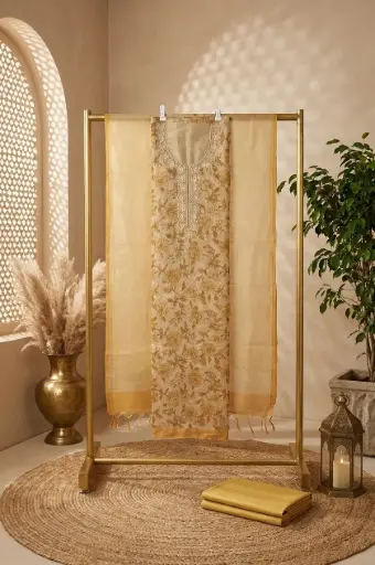 [2608150109] Beige Handloom Silk Floral Printed Unstitched Suit Material