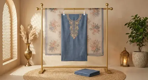 [2608150113] Steel Blue Embroidered Silk Unstitched Dress Material Suit Set