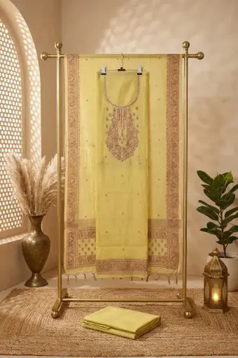 [2608150115] Pastel Yellow Handloom Silk Embroidered Unstitched Dress Material