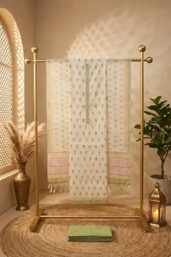 [2608150121] Ivory Handloom Silk Embroidered Unstitched Suit Material Set