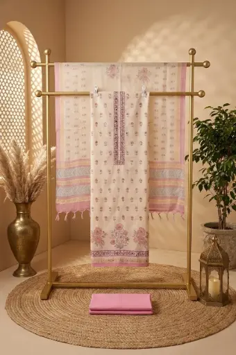 [2608150122] Cream and Blush Pink Floral Unstitched Silk Suit Material