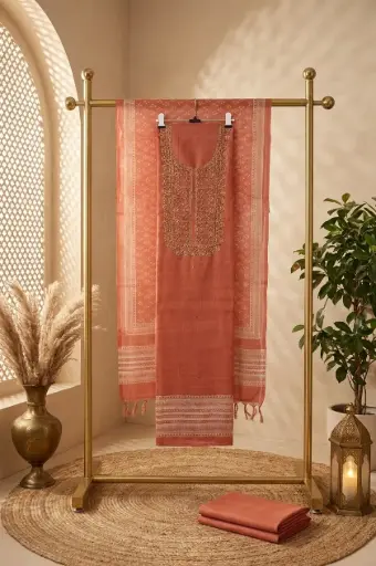 [2608150201] Rust Peach Handloom Silk Embroidered Unstitched Suit Material