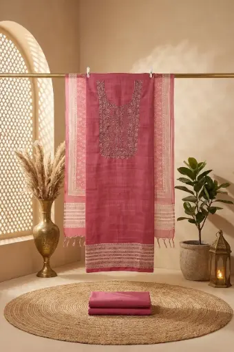 [2608150203] Rose Pink Handloom Silk Embroidered Unstitched Suit Material Set