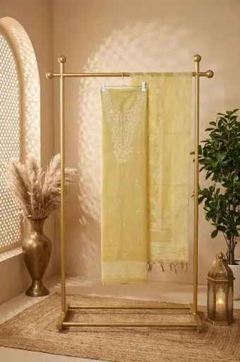 [2608150204] Designer Yellow Chanderi Silk Unstitched Salwar Suit Material
