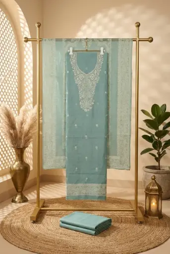 [2608150205] Sea Green Silk Embroidered Unstitched Dress Material Suit Set