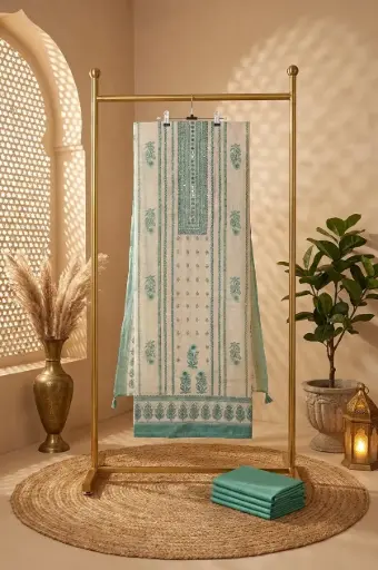 [2608150209] Cream and Mint Green Handloom Silk Unstitched Suit Material