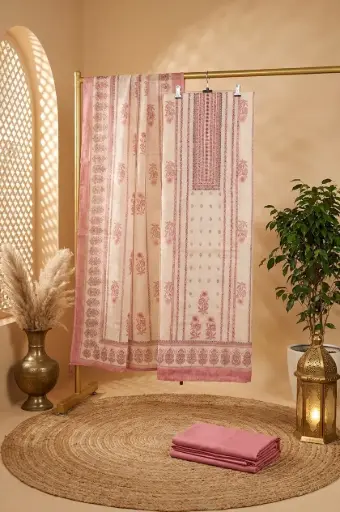 [2608150210] Pastel Cream n Pink Printed Silk Unstitched Suit Material