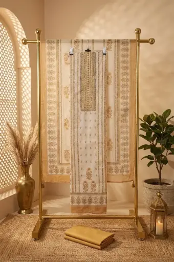 [2608150211] Cream and Gold Embroidered Silk Unstitched Suit Material Set