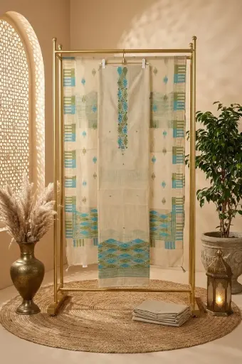 [2608150224] Beige Handloom Silk Unstitched Suit Material with Geometric Weave