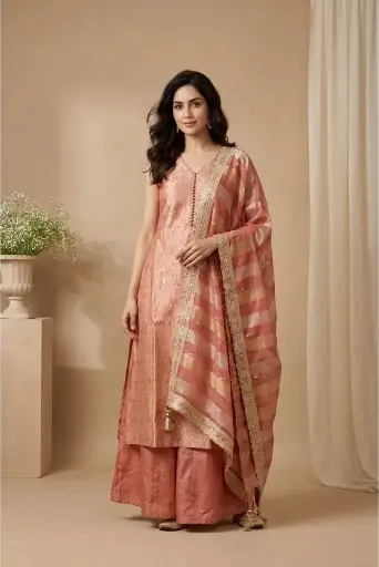 [2608150309] Peach Banarasi Brocade Palazzo Suit Set with Striped Dupatta