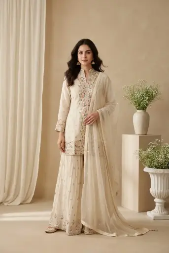[2608150314] Cream Embroidered Chanderi Silk Kurti Palazzo Suit Set