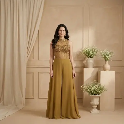 [2608210215] Golden Ochre Embellished Corset Bustier Flared Indo-Western Jumpsuit