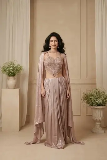 [2608210218] Dusty Pink Metallic Shimmer Indo-Western Draped Skirt Cape Set