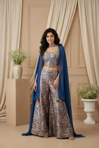 [2608210224] Royal Blue Banarasi Brocade Corset Crop Top Sharara Set