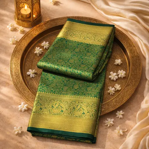 [2608220416] Elegant Green Kanchipuram Silk Saree