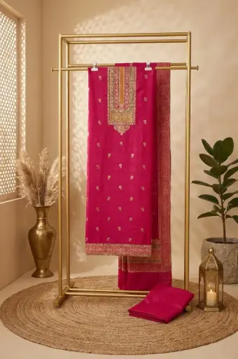 [2608230201] Rani Pink Embroidered Silk Unstitched Salwar Suit Material 