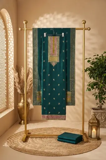 [2608230204] Teal Green Silk Unstitched Salwar Suit Dress Material