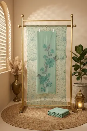 [2608230205] Mint Green Embroidered Organza Unstitched Dress Material Suit Set 